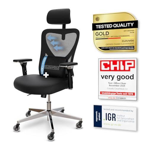 CLOUVOU CleverSeat Ergonomic Office Chair Comfy [#1 in Tests] Ergonomic Chair with Breathable Mesh Back | Computer Chair with wheels | Home Office Desk Chair with 3D Headrest | Swivel Chair for 330lbs