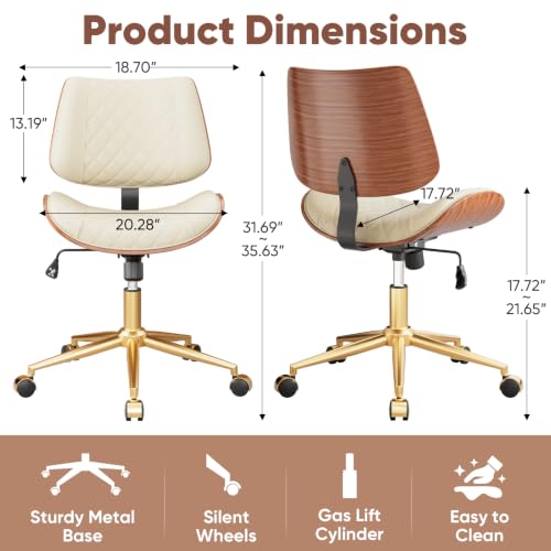 FervorFurn Home Office Desk Chair with Swivel Wheels, Modern PU Leather Armless Office Chair, Small Mid Back Computer Chair for Home Office, Reading Meeting Room (Beige, Gold Wheels)