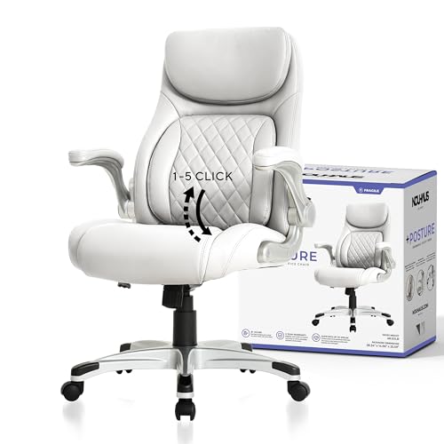 Nouhaus +Posture Ergonomic PU Leather Office Chair. Click5 Lumbar Support with FlipAdjust Armrests. Modern Executive Chair and Computer Desk Chair (White)