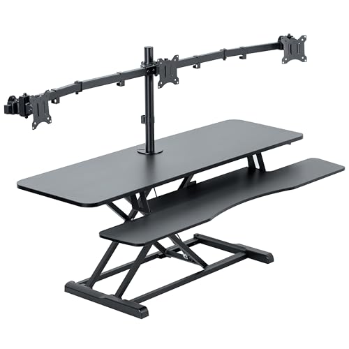 VIVO Height Adjustable 48 inch Standing Desk Converter with Triple 21.5 to 27 inch Monitor Mount, Extra Large Desk Riser, Black, DESK-KIT-48KB3C