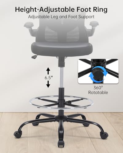 Drafting Chair Tall Office Chair with Flip-up Arms Adjustable Height Standing Desk Chair with Lumbar Support and Footrest Ring Ergonomic Executive Computer Chair Swivel Drafting Stool for Work/Drawing