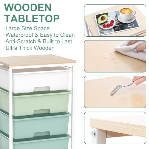 SYKIARIOL Utility Cart with 4 Drawers,Rolling Storage Cart with Drawers,Storage Rolling Drawer Cart with Wooden Tabletop for Bedroom,Kid's Room,Dorm,Classroom,Office,Green