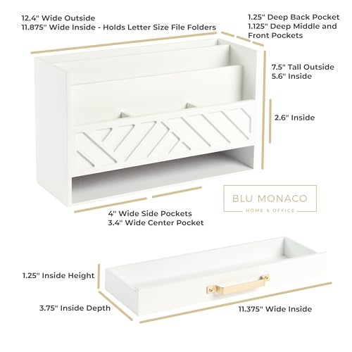 BLU MONACO | White Wooden Desk Organizer & Mail Organizer with Drawer & Gold Handle | Mail Sorter Countertop | 6 Compartments | White Desktop Organizer for Desk