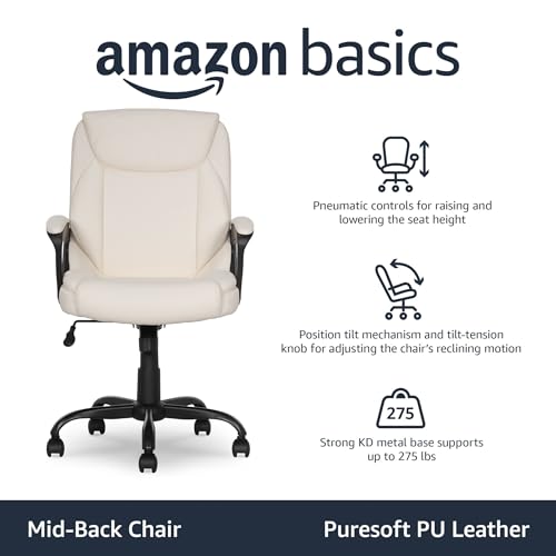 Amazon Basics Classic Puresoft PU Padded Mid-Back Office Chair with Armrest, Height Adjustable, Easy to Assemble, 26"D x 23.75"W x 42"H, Cream