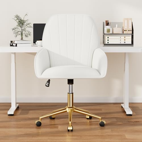 Home Office Desk Chair Comfy with Adjustable Swivel Wheels, Modern Velvet Makeup Vanity Chair with Back & Pillow, Ergonomic Office Chair Computer Task Chair for Living Room, Bedroom, White