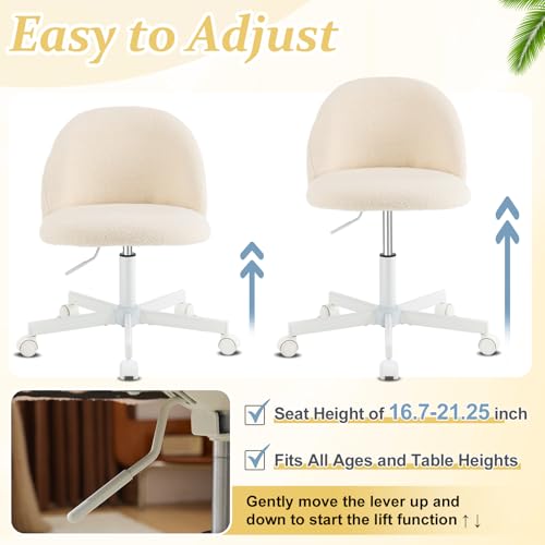 VINGLI Candy Chair Armless Cute Desk Chair,Comfy Small Office Chair with Wheels,Vanity Chair Lumbar Support,Teddy Adjustable Rolling Swivel Computer Task Chair for Home Office,Bedroom,Creamy Beige