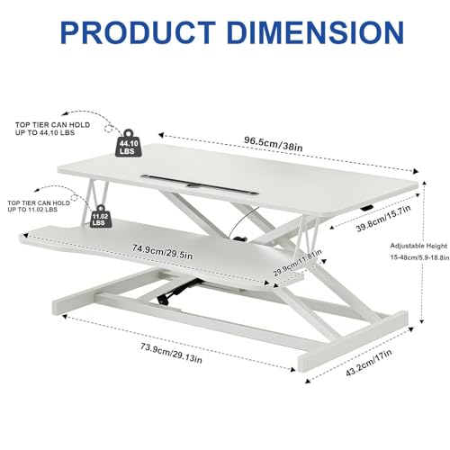 38-inch Standing Desk Converter Height Adjustable Sit to Stand Up Workstation, Duals Monitor and Laptop Riser with Wide Keyboard Tray, for Home, School, Company, White