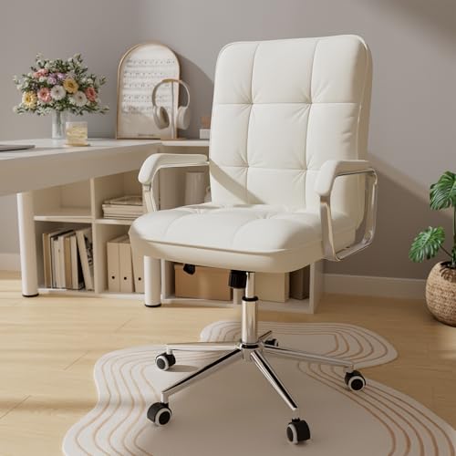 HomeZeer White Office Chair, Mid Back Leather Desk Chair with Wheels and Padded Arms, Swivel Vanity Chair for Bedroom, Computer Chair for Study and Work