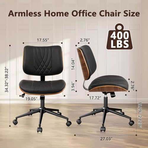CLATINA Armless Home Office Chair, Desk Chair with Wheels, Adjustable Height Reading Chair, Leather Mid Back & Swivel Computer, Modern Walnut Chairs with Back for Study Meeting Room(Black) 4Pack