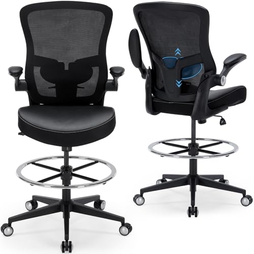 Drafting Chair 400lbs Heavy Duty Tall Office Chair Big and Tall Ergonomic Standing Desk Chair with Lumbar Support and Adjustable Footrest Ring, Comfy Mesh Wide Chair with Flip-up Armrests, Black
