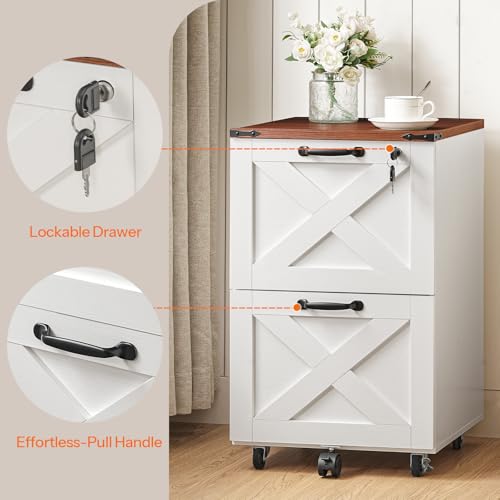 HOOBRO 2 Drawer File Cabinet with Lock, Under Desk Mobile Filing Cabinet for Home Office, Wooden Farmhouse Office Storage Cabinet, Printer Stand Fits Letter and A4 Size, Walnut and White WH66WJ01