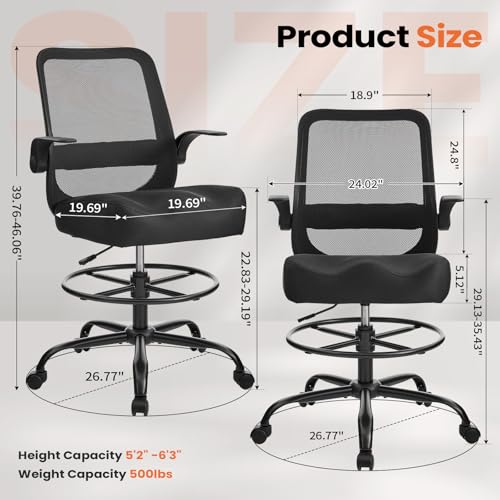 Drafting Chair 500LBS – Tall Office Chair with Adjustable Height & Foot Ring for Standing Desk, Ergonomic Mesh Chair with Flip-Up Armrests, Thick Curved Seat for Home Office & Creative Work