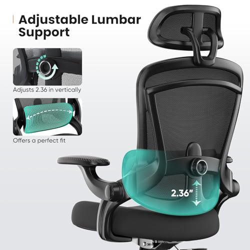 Sweetcrispy Office Ergonomic Desk Chair, 300 LBS Home Mesh Chairs with Wheels, 2D Headrest, Up&Down Lumbar Support, Swivel High Tall Back Computer with Flip-up Armrests, Dark Black