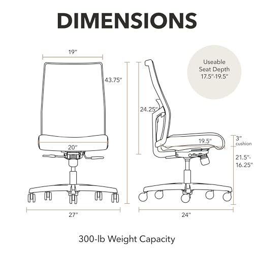 HON Ignition 2.0 Mid‑Back Armless Ergonomic Office Chair with Lumbar Support, Standard Synchro‑Tilt, Adjustable Arms, Mesh Desk Chair for Home Office, Black Frame, Black