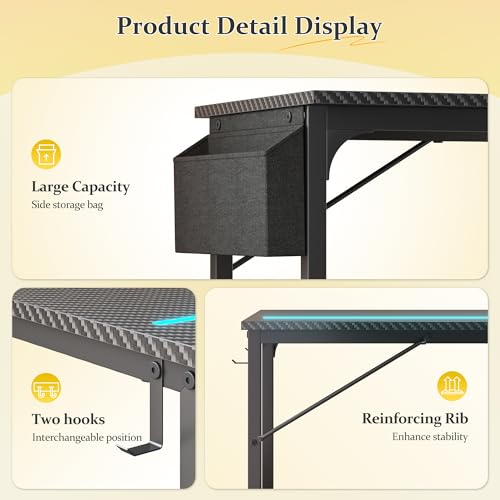 DurayLoly 32" Gaming Desk with Waterproof LED Lights, Carbon Fiber Desktop for Small Spaces | Home Office Study Computer Desk with Storage Bag & Headphone Hook, Black
