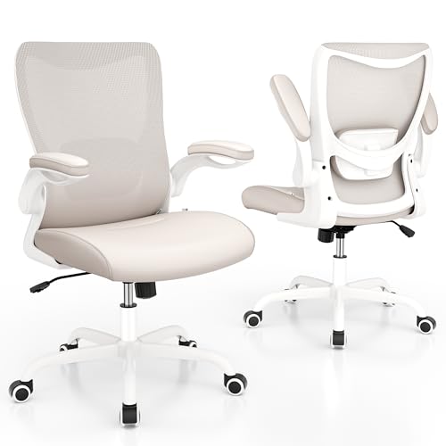 MUXX.STIL Office Chair, PU Leather Ergonomic Desk Chair with Adjustable Lumbar Support and Flip up Armrest, Breathable Mesh Computer Chair for Home Office, Khaki