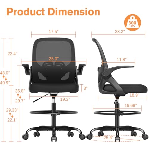 ORRSAKER Drafting Chair, Tall Office Chair with Flip-up Arms, Mesh Ergonomic Computer Standing Desk Chair with Adjustable Height Foot Ring and Lumbar Support, 300 LBS Capacity, Black
