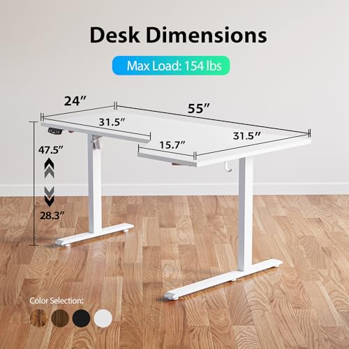 Agilestic Electric Standing Desk, Height Adjustable Desk, 55 x 32 Inch Sit Stand up for Work Office Home, L Shaped Ergonomic Rising Computer Table with Memory Preset, White