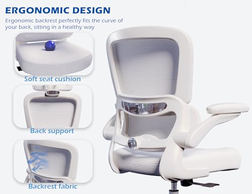 TRALT Ergonomic Office Chair - Desk Chair with Adjustable Lumbar Support Computer Chair - Mesh Comfy Chair with Flip-up Armrests - Gaming Chairs for Adults Home Office (Leather, White)