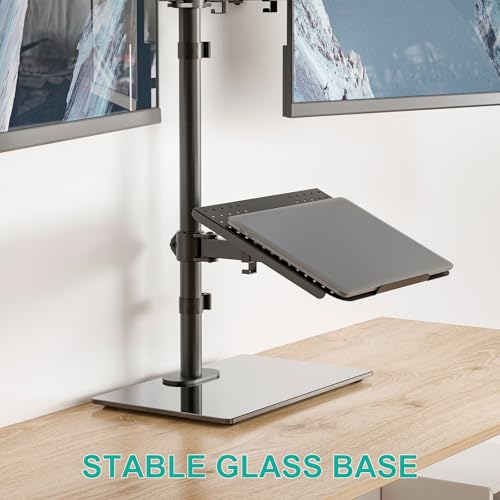 WALI Dual Monitor Stand with Laptop Holder, Height Adjustable Laptop Stand for Desk, Fits up to 27 inch Monitors and 17 inch Laptops, Freestanding Dual Monitor Mount with Glass Base(GMF003LP), Black