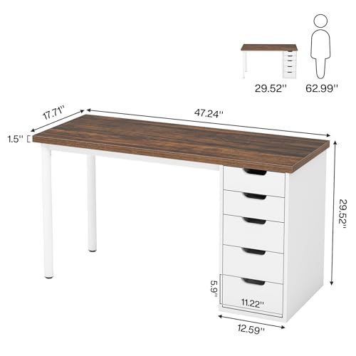 Tribesigns Computer Desk with 5 Drawers, 47 inches Rustic Brown Home Office Desk with Storage, Modern Simple Laptop Desk Study Writing Table for Small Spaces (1, Brown+White)