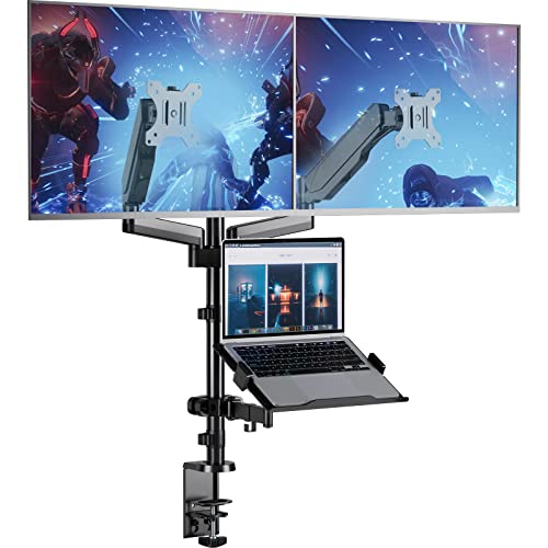 WALI Monitor and Laptop Mount, Dual Monitor Stand with Laptop Tray Fit Computer Screens up to 32”, Laptop Desk Mount with Notebook up to 17”