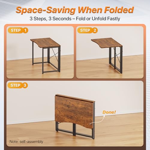 Huuger Folding Desk for Small Spaces, 31.5 Inch Foldable Computer Table, for Home Office, Study, Bedroom, Dorm, Space Saving, Small Writing Work Office Computer Desk, Easy to Fold, Rustic Brown