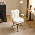 VINGLI Home Office Desk Chair Comfy with Wheels & Removable Armrests,Gold Base Vanity Chair with Back, Adjustable Rolling Swivel Computer Task Chair for Study,Makeup,Office,Bedroom,PU Leather,White