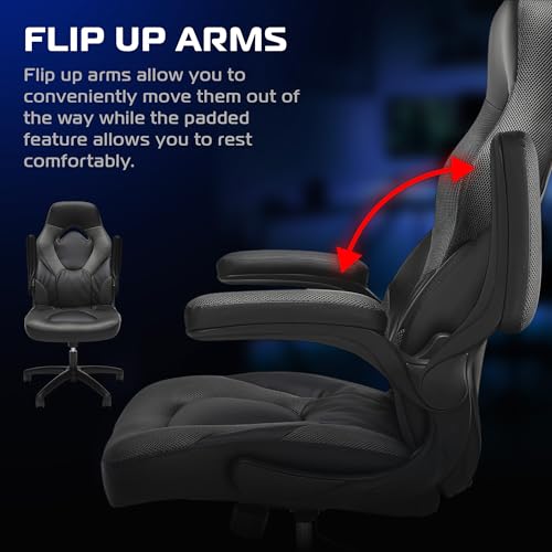 RESPAWN 3085 Ergonomic Gaming Chair for Adults, High Back Office Chair with Headrest and Flip Up Arms, Leather Racing Style Gaming Seat with Lumbar Support, Video Game Computer Desk Seat - Gray