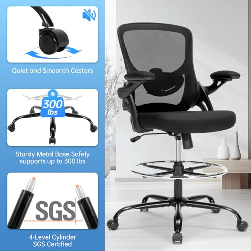 Heromate Drafting Chair Ergonomic Comuputer Standing Desk Chair with Flip-Up Arms and Lumbar Support, Tall Office Chair with Adjustable Footrest, Stool Counter Height Office Chairs Black