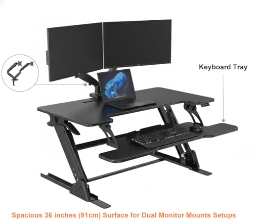 NSY Audio Standing Desk Converter 36 x 24 Inches - Height Adjustable Sit to Stand Riser with Keyboard Tray, Ergonomic Workstation for Home Office, Black