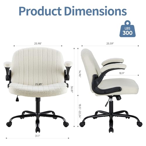 DUMOS Criss Cross Home Office Chair with Wheels, Wide Cross Legged Desk Vanity Chair Comfy Fabric Flip-Up Armrests Adjustable Swivel Chairs for Home Computer Bedroom, Creamy White