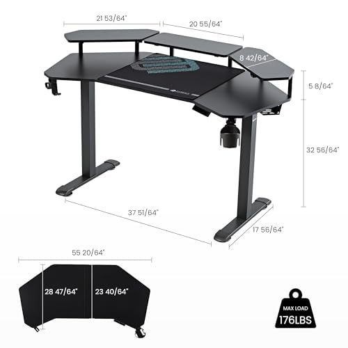 EUREKA ERGONOMIC Aero 55 Inch W Shaped Electric Standing Desk, Height Adjustable Computer Gaming Desk with LED Monitor Shelf, Mouse Pad, Headphone Hook, Cup Holder, Carbon Black