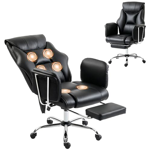 HOMCOM Massage Office Chair with 6-Point Vibration, 155° Recline & Retractable Footrest, PU Leather Executive Computer Desk Chair with Lumbar Support, Pocket Springs, Wheels for Home Office, Black