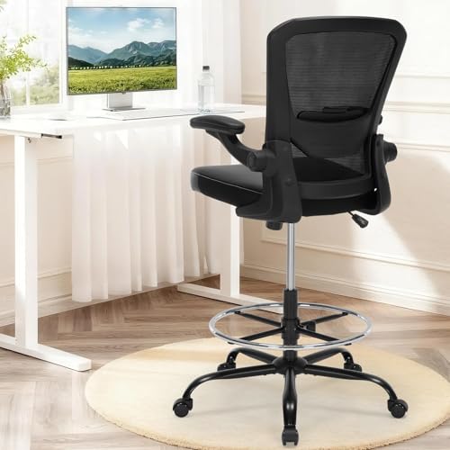 Bondesin Drafting Chair Tall Office Chair with PU Leather Seat, 400lbs Ergonomic Standing Desk Chair with Lumbar Support,Counter Stool with Adjustable Footrest Ring & Flip-up Armrests,Black