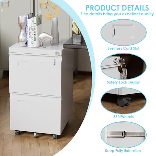 GangMei 2 Drawer File Cabinet with Lock, Under Desk Metal Rolling Filing Cabinet for Letter/Legal Size Folder, Mobile File Cabinet with 5 Wheels (Anti-Tilt) for Home Office, Assembly Required, White