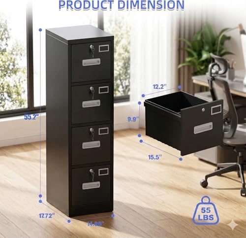 SUXXAN 4 Drawer File Cabinet with Lock and Name Card Slots, Heavy Duty Metal Vertical Filing Cabinet for Home Office for Letter/Legal/A4 Size, 17.72" D x 14.96" W x 55.2" H, Black