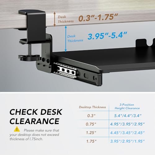 AX WABER Keyboard Tray Under Desk Pull Out with Extra Sturdy Adjustable C Clamp Mount System, 27.3 (32.5 inch Including Clamps) x 11 Inch Slide-Out Platform Computer Drawer for Typing, Black,AX01WB01
