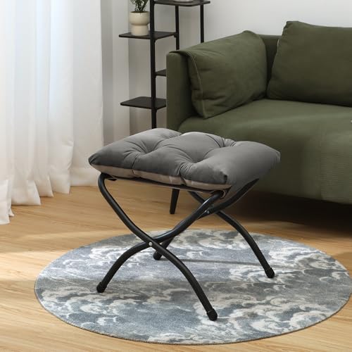 Mordchil HF 15"(H) Folding Ottoman, Foldable Footrest Stool, Portable Small Foot Stool for Couch, Collapsible Foot Rest Ottoman for Sofa, Accent Padded Ottomans for Living Room, Bedroom, Dark Grey