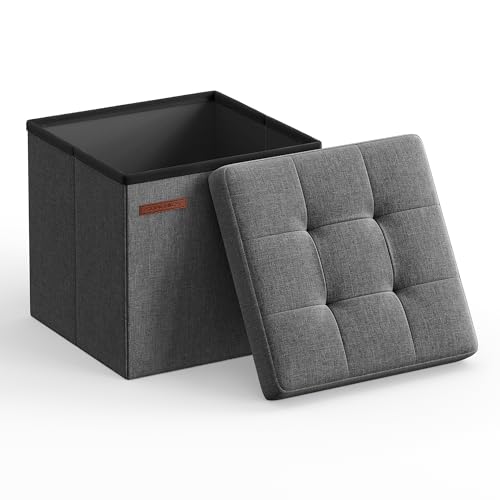 SONGMICS 11.8 Inches Small Folding Storage Ottoman Cube, Storage Footrest, Foot Rest Stool, for Living Room, Bedroom, Dorm, Dark Gray ULSF028G01