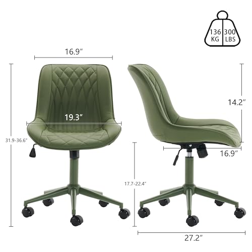 YOUNIKE Olive Green Faux Leather Ergonomic Office Chair Armless Comfy Desk Chair with Rocking Back Cute Swivel Vanity Chair with Wheels Height Adjustable Small Computer Task Chair for Sewing Drafting