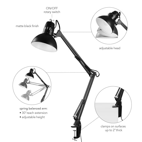Globe Electric 56963 31.5" Multi-Joint Desk Lamp with Metal Clamp, Black, On/Off Rotary Switch on Shade, Partially Adjustable Swing Arm, Home Essentials, Reading Light, Office Décor