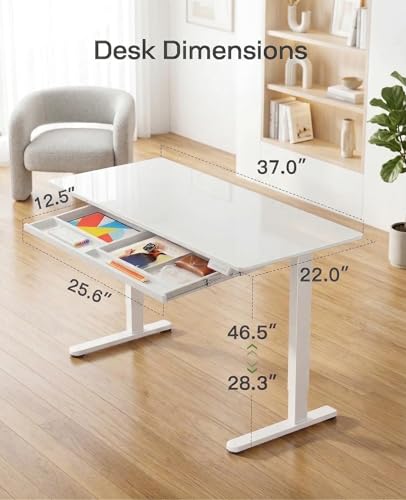 Marsail Glass Standing Desk with Drawer 37 x 22 Inches Stand up Desk Standing Desk Adjustable Height with One-Piece Tempered Glass Top, Ergonomic Home Office Desk with 4 Preset Heights White
