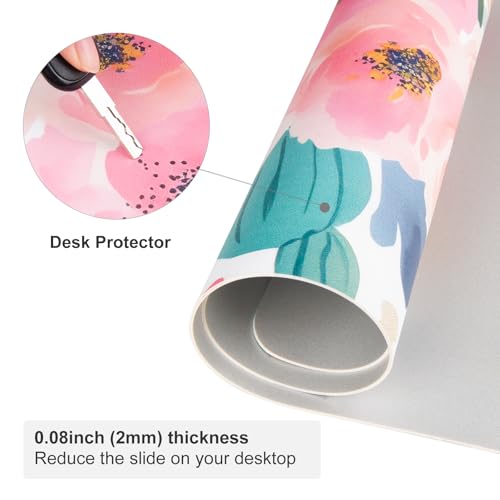 Colorful Star Large Mouse Pad, Pink Floral Desk Mat for Desktop, Women Girls Flowers PU Leather Waterproof Desk Pad, Computer PC Laptop Protector Gaming Mouse Pads for School Office Home 31.5" x 15.7"