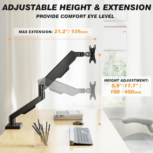 5Rcom Single Monitor Arm for 13 to 35 Inch Screens, Fully Adjustable Heavy Duty Monitor Mount Holds up to 22 lbs, Fast Install Computer Monitor Stand withCable Management Design, Black