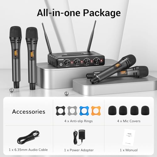 TONOR Wireless Microphones System with 4x10 Channels Cordless Handheld Microfono Inalambrico, 60 m/200FT UHF Range, Mics with Stable Signal Transmission for Karaoke Singing Party Church Wedding