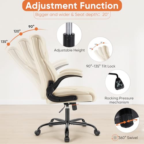 Sweetcrispy Ergonomic Office Chair - Heavy Duty Task Desk Chair with Flip-up Armrest, PU Leather, Height Adjustable & Swivel Rolling Chair with Wheels, Beige