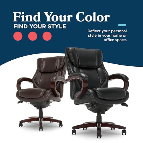 La-Z-Boy® Bellamy Executive Office Chair with Memory Foam Cushions, Real Wood Arms and Swivel Base, Waterfall Seat Edge, Faux Bonded Leather, Black
