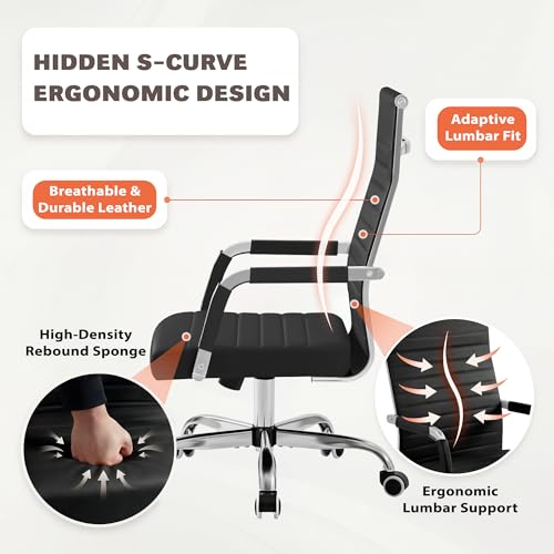 Furmax Ergonomic Office Desk Chair, Executive Ribbed Mid-Back PU Leather Conference Room Chair Adjustable Swivel Chair with Arms (4 pcs, Black)