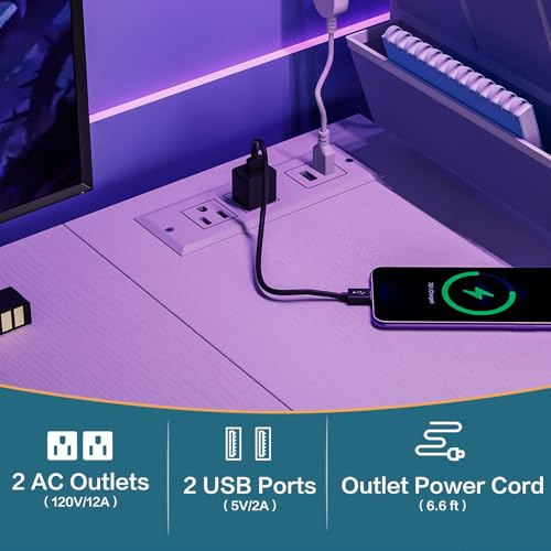 Jakyitvi 33.7" Computer Desk with Power Outlets, LED Lights & Drawer, Small Office Desk with Storage Bag & Hooks, Gaming Desk for Bedrooms or Home Office, Compact Study Desk for Small Spaces，White